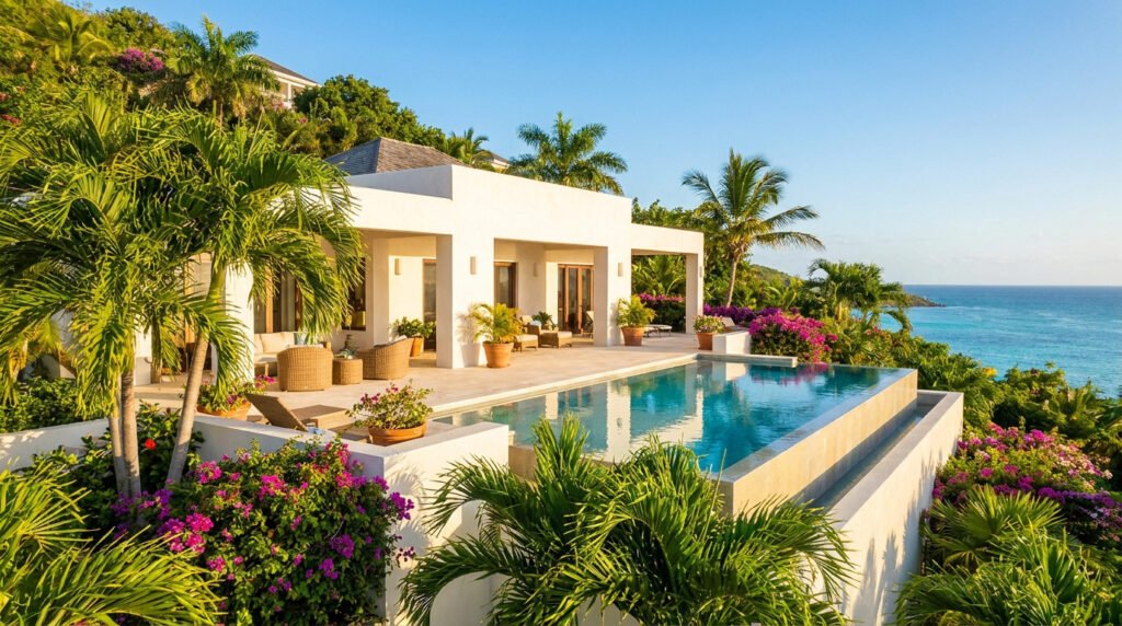 Villa moderne blanche avec piscine à débordement surplombant l'océan entourée de palmiers et de fleurs tropicales.