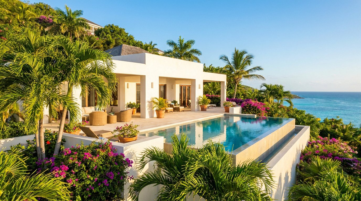 Villa moderne blanche avec piscine à débordement surplombant l'océan entourée de palmiers et de fleurs tropicales.